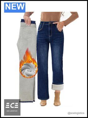 Fleece Lined Wide Leg Jeans Women Thermal Flannel Winter Warm Denim Pants